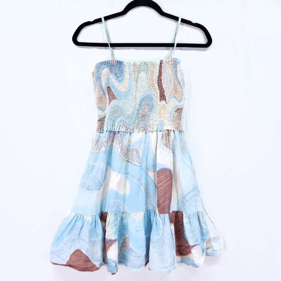 Aritzia Wilfred Linen Mini Dress Size Small Water Color Tiered Shirred Top - Picture 1 of 11